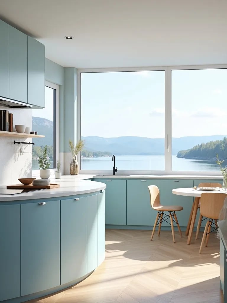 Scandinavian kitchen with curved breakfast bar and panoramic fjord view
