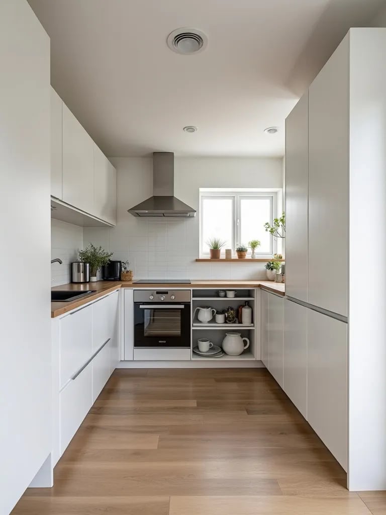 Scandinavian kitchen with custom appliance garage and retractable doors