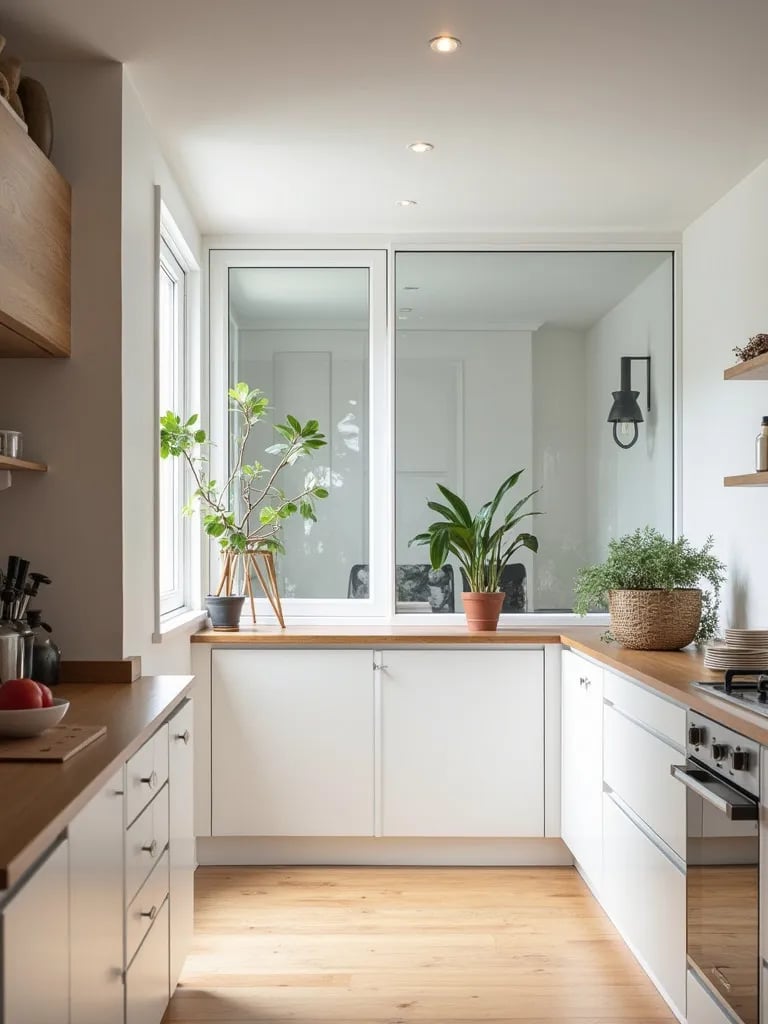 Scandinavian kitchen with glass wall adjoining home office