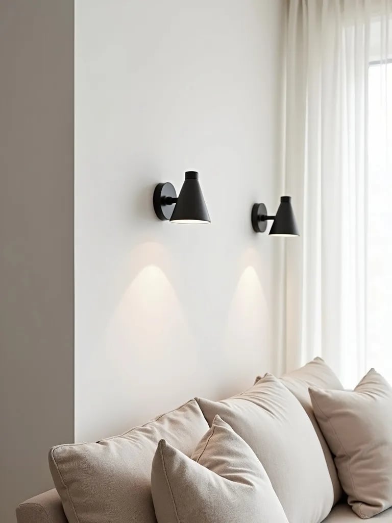 Scandinavian living room with adjustable arm wall sconces above a minimalist sofa