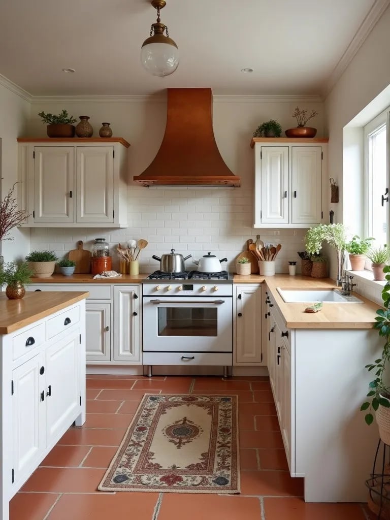 Scandinavian style kitchen featuring prominent copper range hood