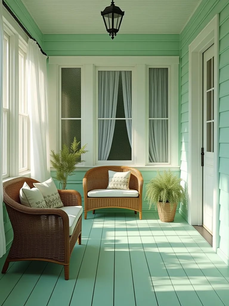 Screened porch with mint green floor, white trim, and wicker furniture