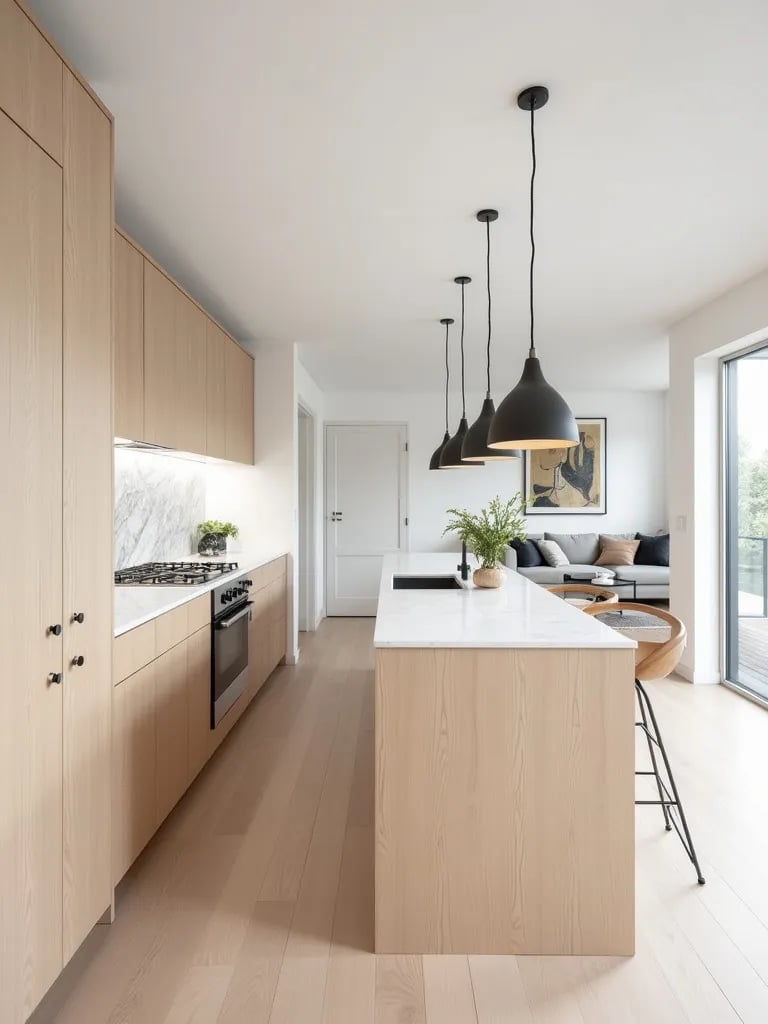 Seamless Scandinavian open plan kitchen and living space