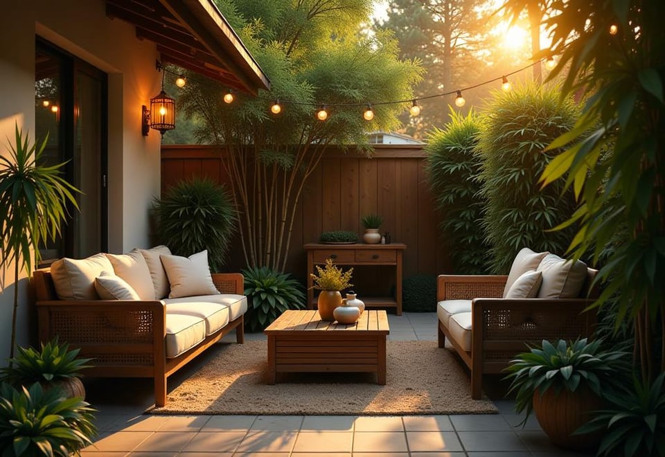 Secluded patio surrounded by bamboo with string lights and outdoor sofa