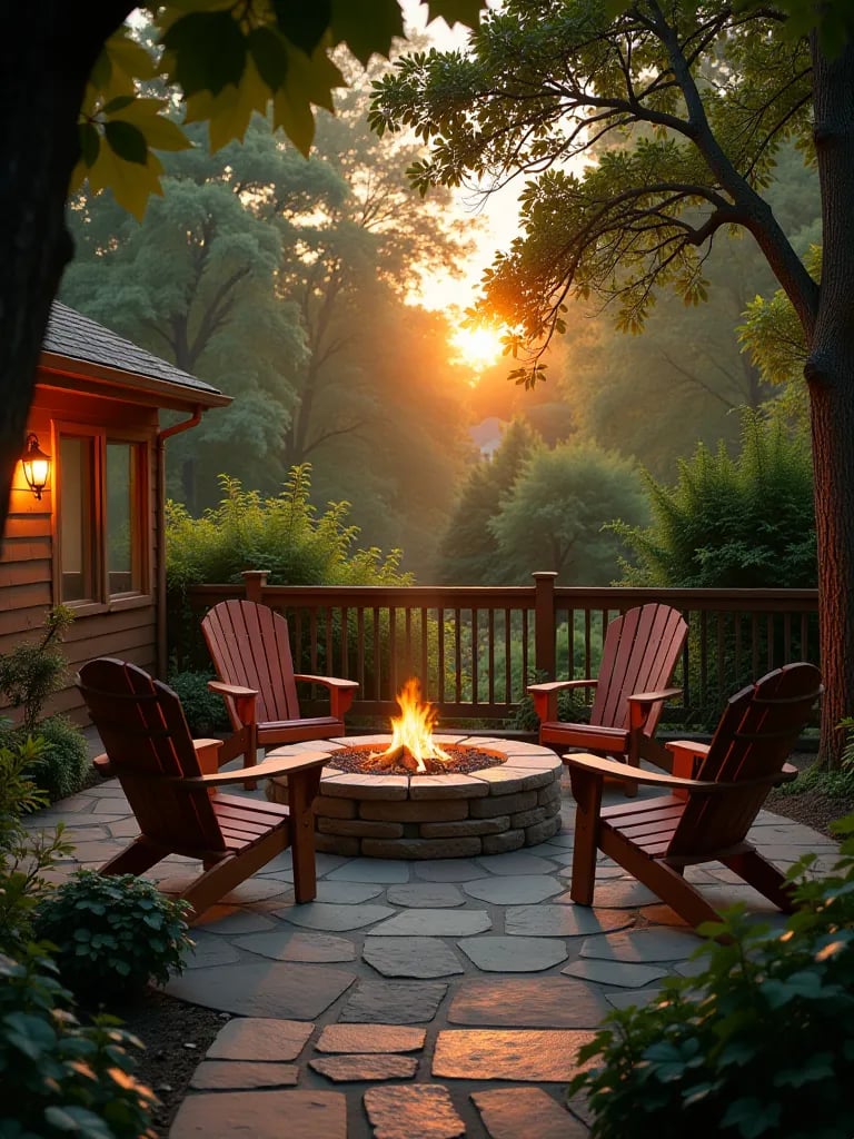 Secluded patio surrounded by trees with fire pit and Adirondack chairs