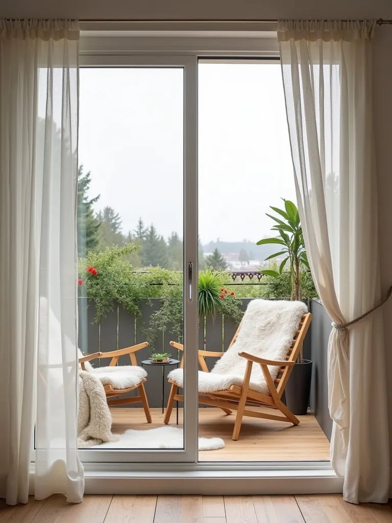 Serene Scandinavian balcony with light wood furniture and cozy textiles