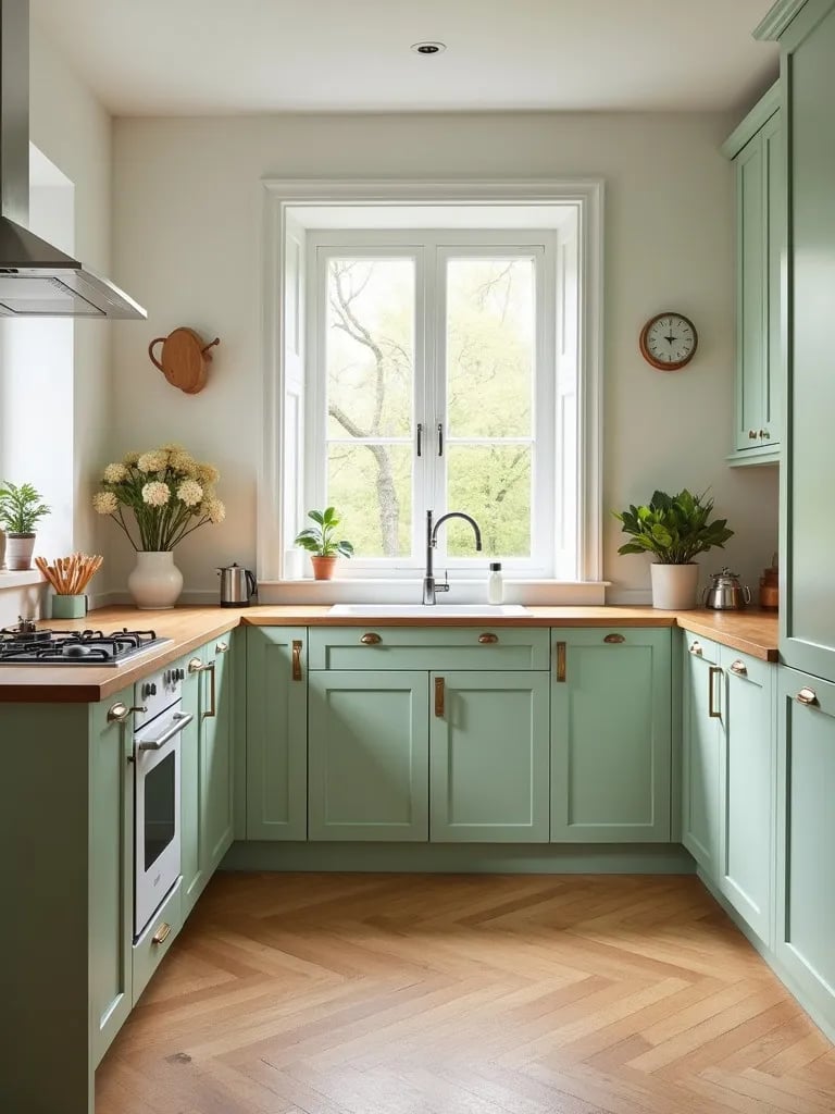 Serene Scandinavian kitchen with pale green cabinets and cork floor