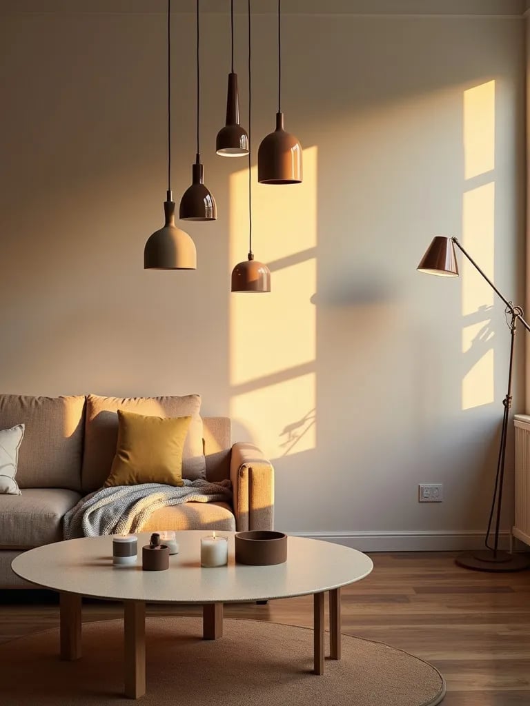 Serene Scandinavian living room with minimalist lighting and candles