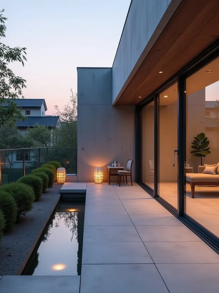 Serene balcony with light porcelain tiles and Japanese inspired decor