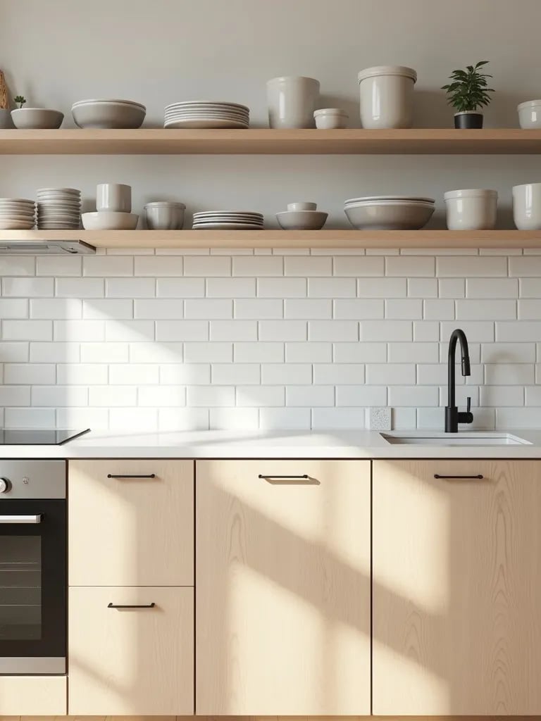 Serene kitchen with pale wood, white tiles, and minimalist ceramics on display