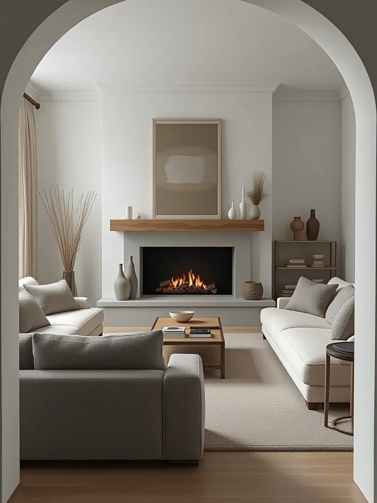 Serene living room with textured fabrics and weathered wood accents