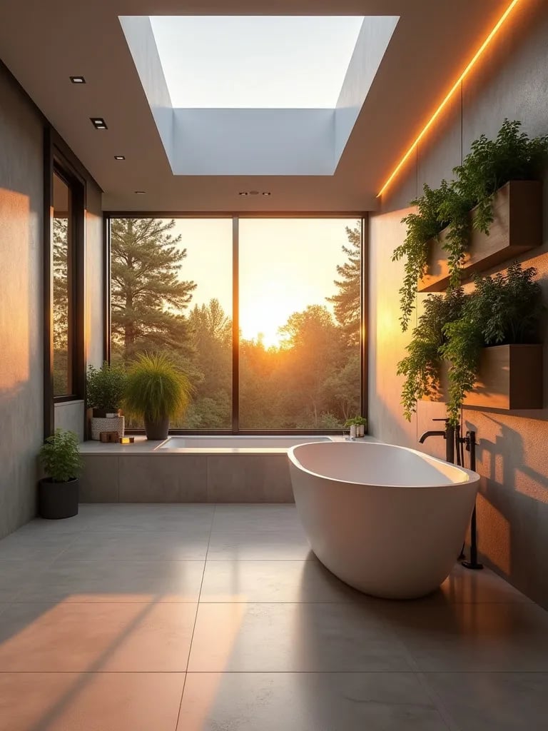 Serene modern bathroom with freestanding tub and living wall lit by sunset