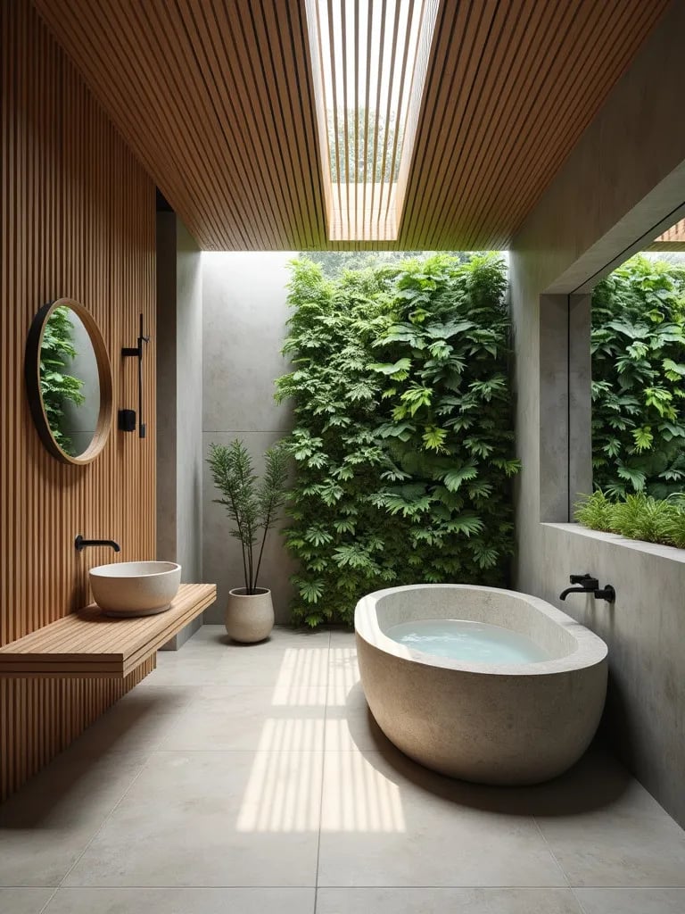 Serene modern bathroom with wooden ceiling, stone tub, and living wall