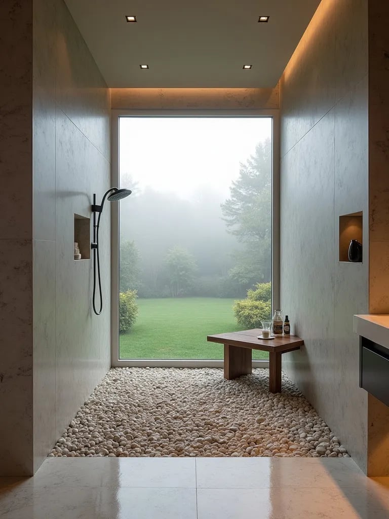 Serene modern shower with natural elements and garden view through window