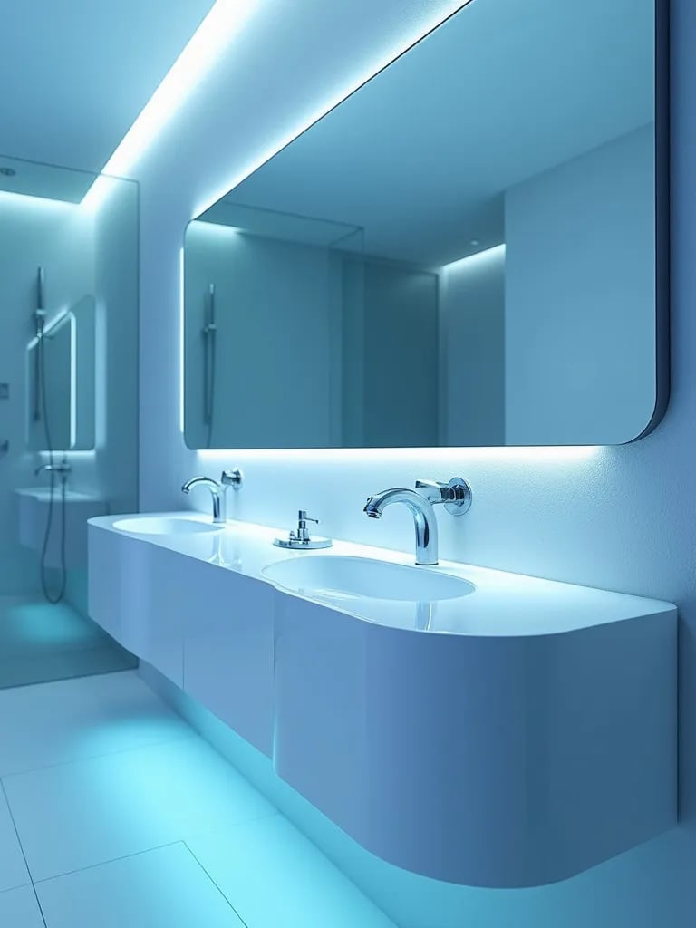 Side view of futuristic bathroom with touch sensitive faucets and smart mirror