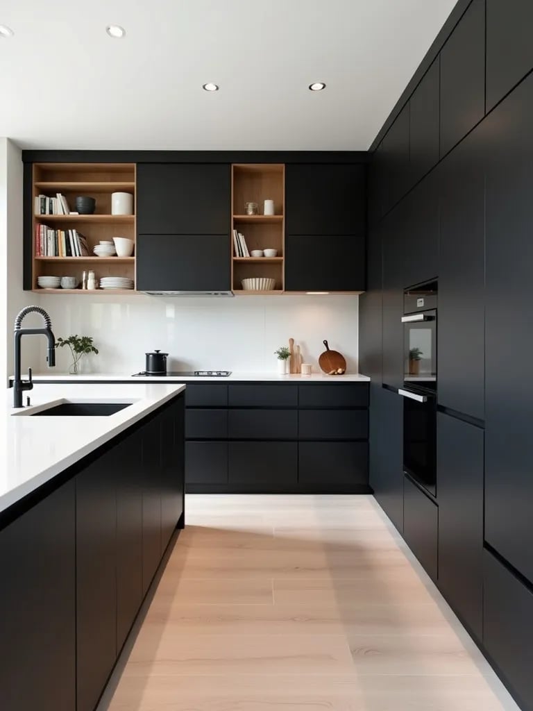 Sleek Scandinavian kitchen with black cabinets and white quartz island
