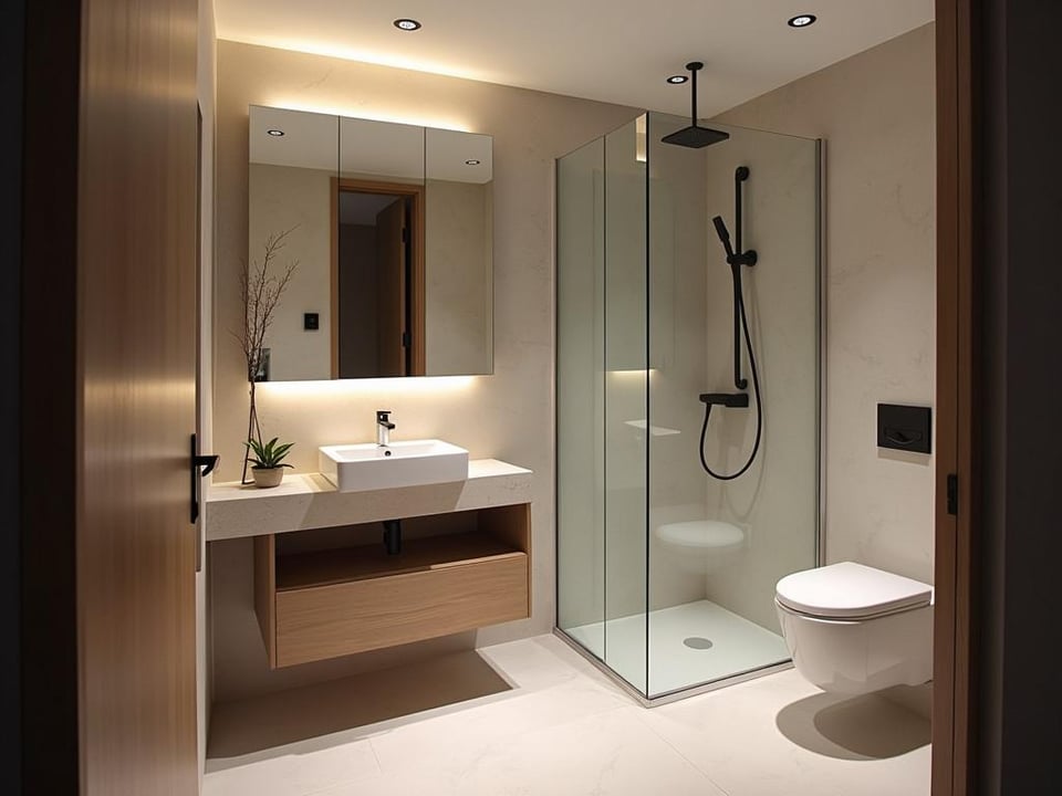 Sleek bathroom with floating vanity and LED lighting