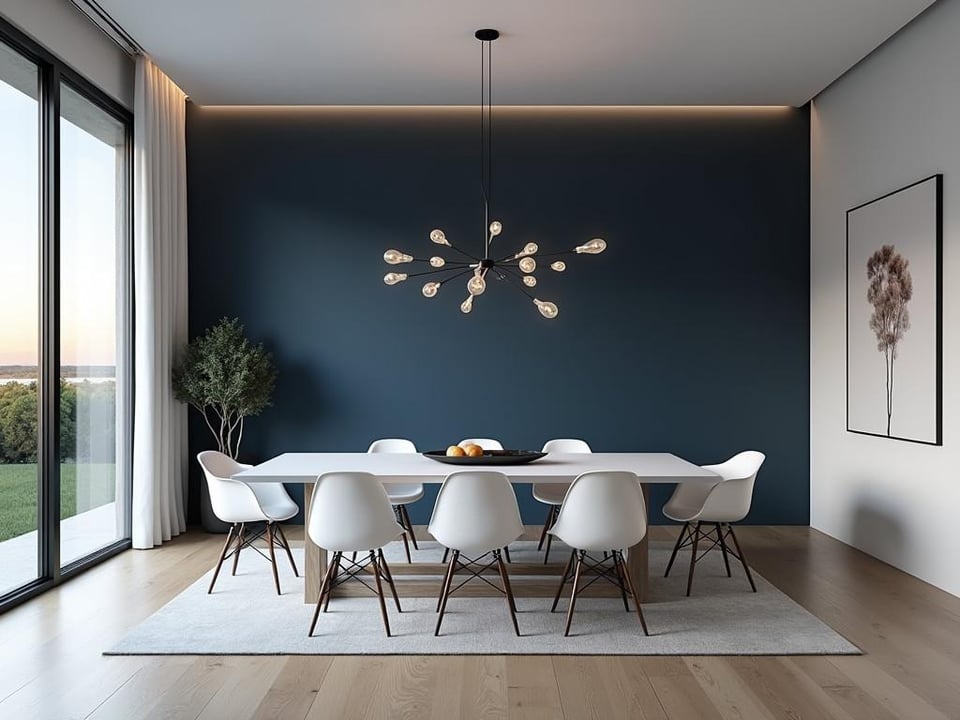 Sleek dining room featuring navy wall and white table with chandelier