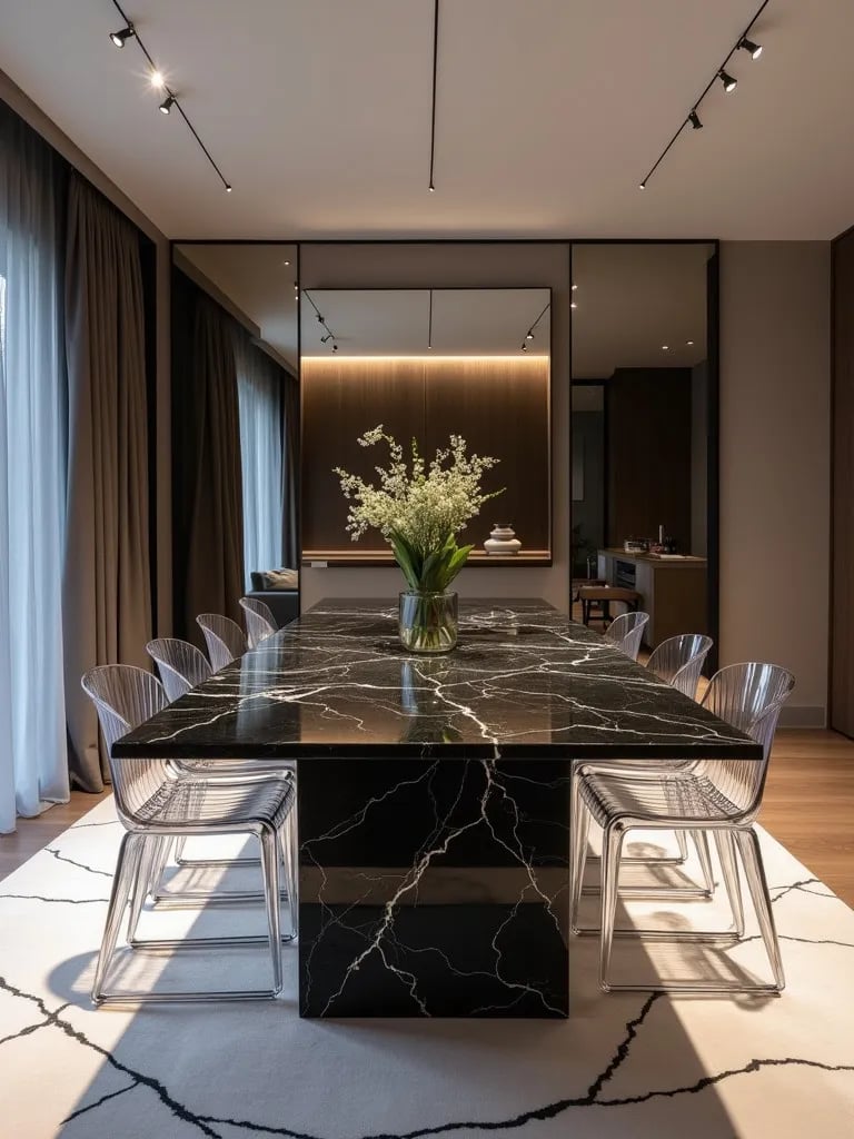 Sleek dining room with black marble table and ghost chairs