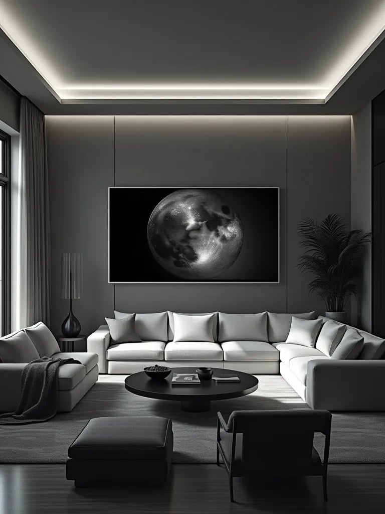 Sleek living room featuring single large black and white photograph as centerpiece