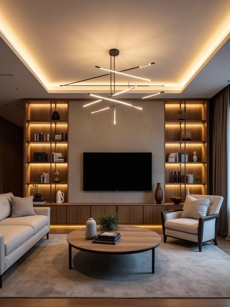 Sleek living space featuring geometric LED lighting fixtures