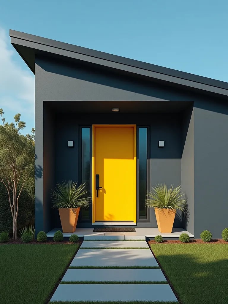 Sleek mid century house with dark gray porch against blue sky