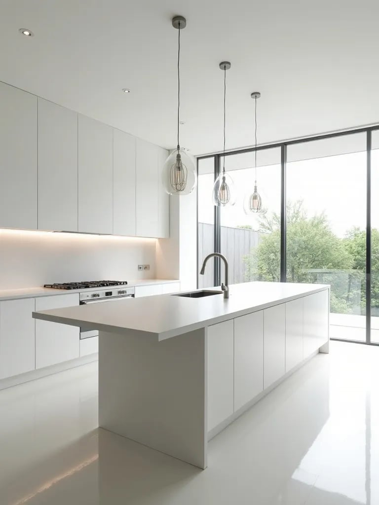 Sleek modern kitchen with white cabinetry and waterfall island