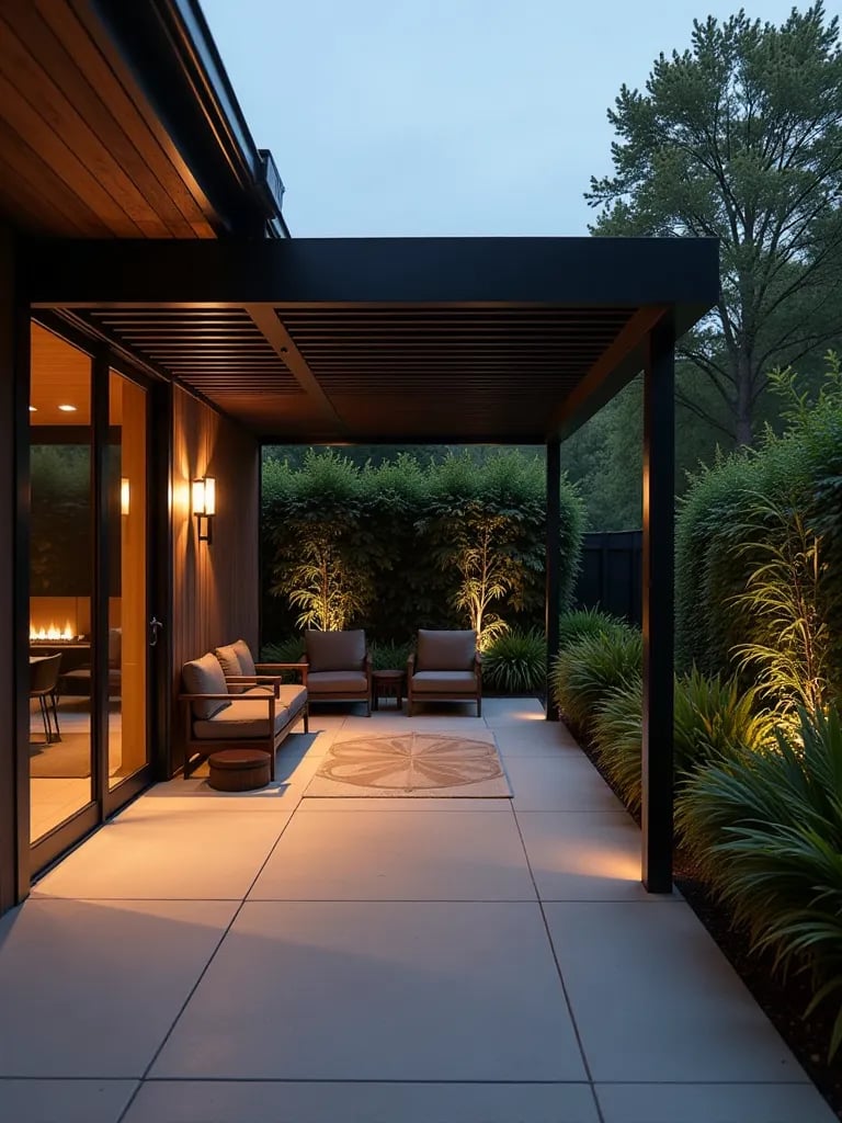 Sleek patio enclosed by geometric metal screens with adaptable roof