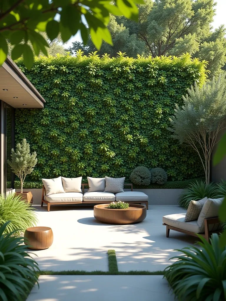 Sleek patio featuring vertical garden privacy screen and water element