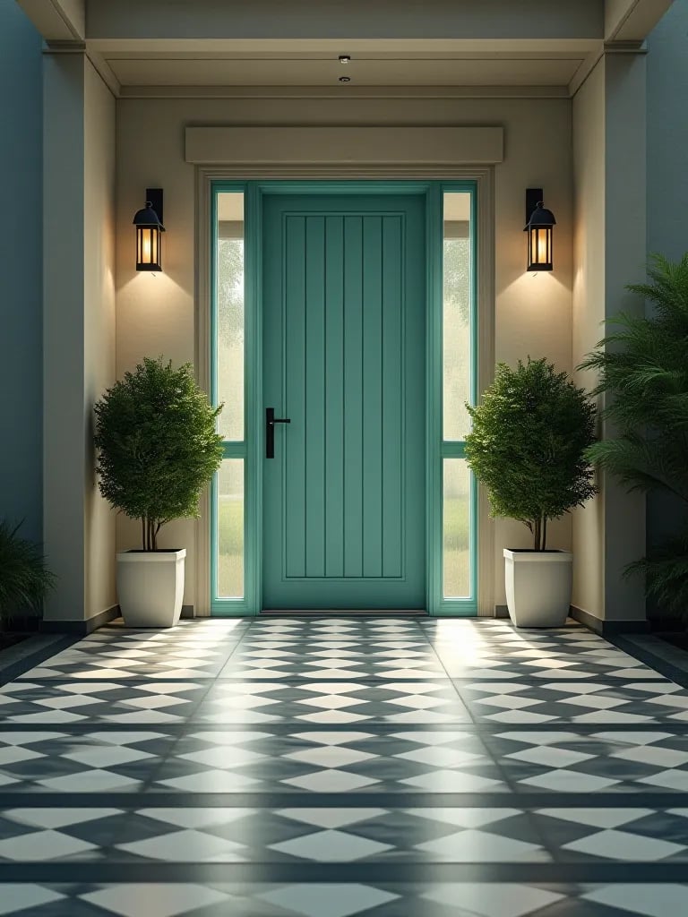 Sleek porch with gray and white geometric floor and teal accent door