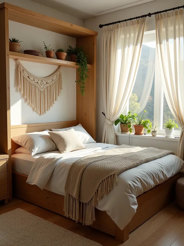 Small boho attic bedroom with circular window and floor cushions