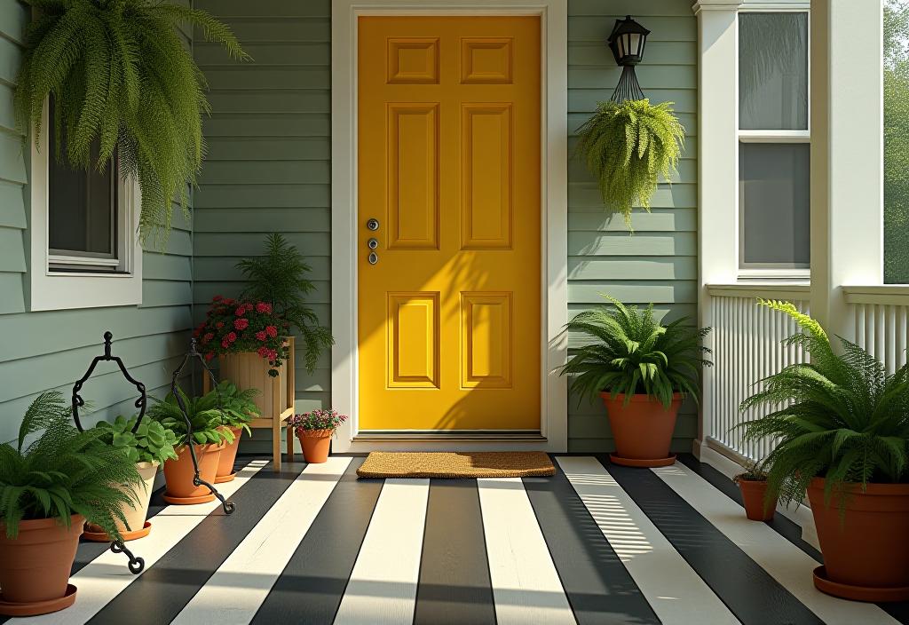 Small porch with black and white striped floor, yellow door, and hanging ferns