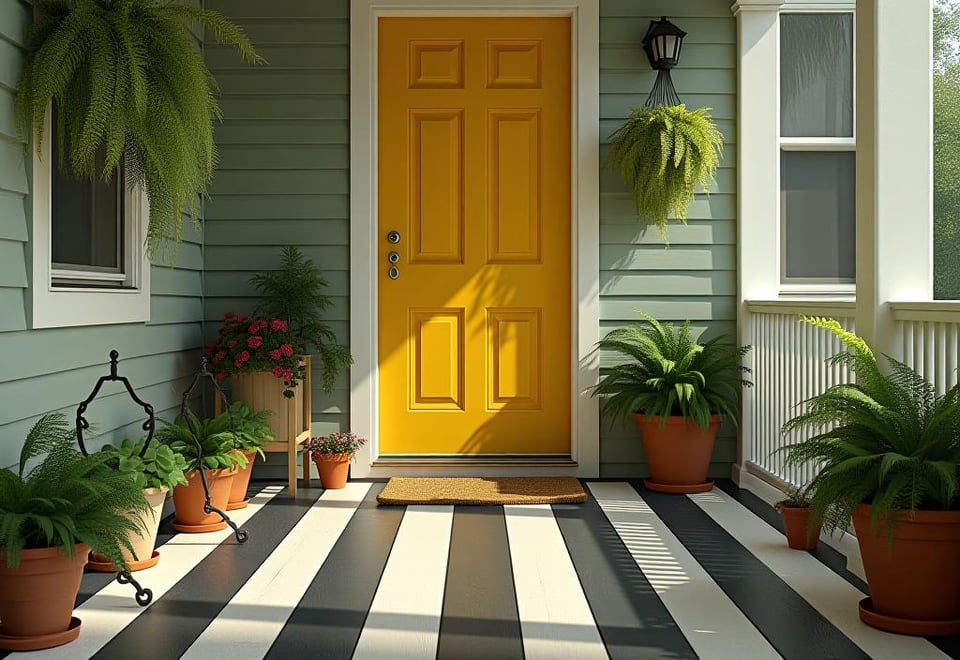 Small porch with black and white striped floor, yellow door, and hanging ferns