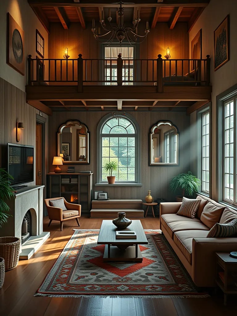 Small rustic living room with forest view and multifunctional furniture