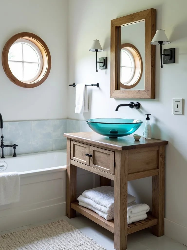 Soft lit coastal bathroom featuring wood vanity and porthole window