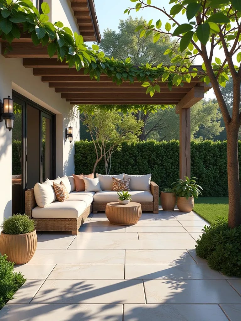 Sophisticated bluestone patio featuring curved design, pergola, and comfortable seating area