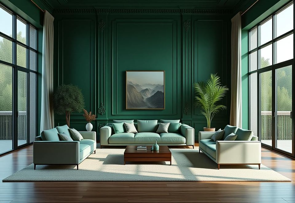 Sophisticated living room featuring dark emerald walls and elegant decor