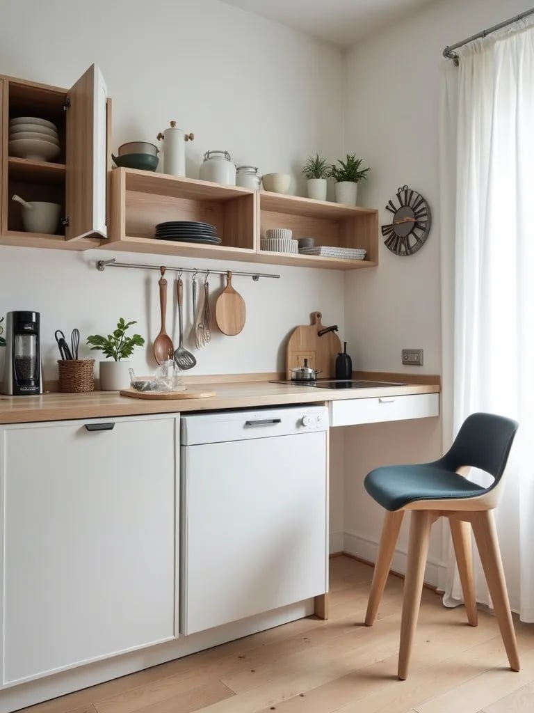 Space efficient Scandinavian kitchen featuring pull out pantry and wall mounted storage