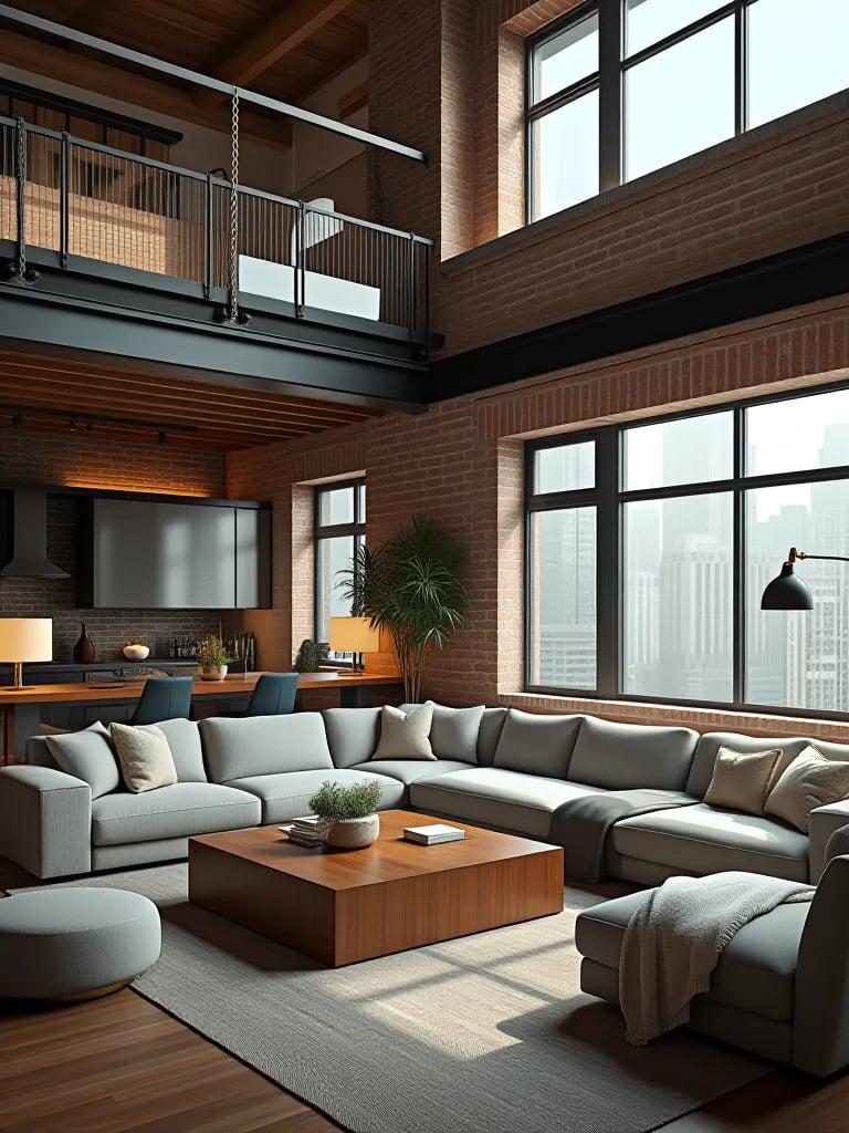 Spacious loft with rustic and modern elements, large windows