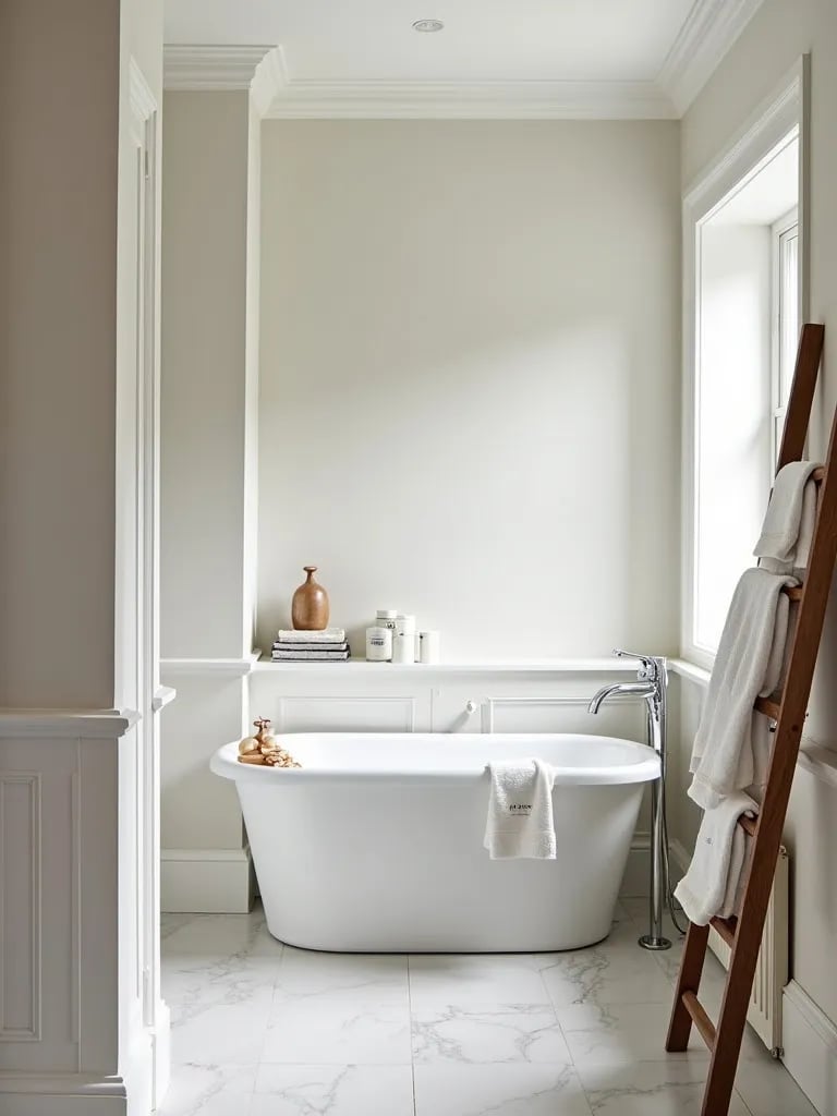 Spacious modern bathroom featuring a tub and decorative ladder shelf