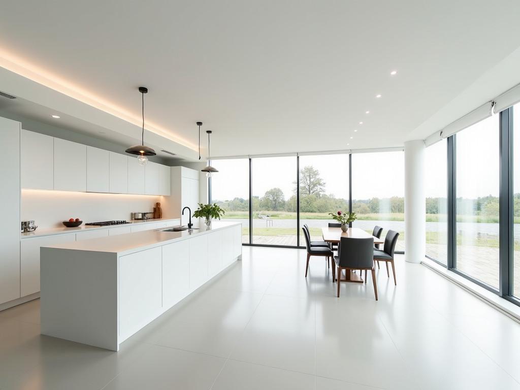 Spacious modern kitchen with white cabinets and large island bathed in natural light