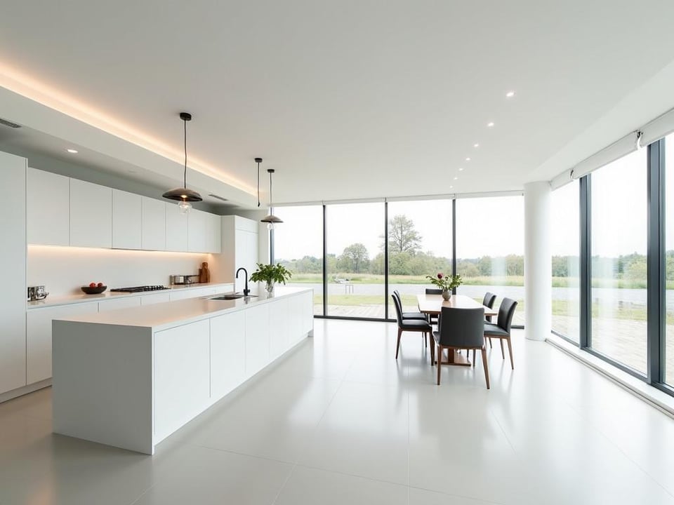 Spacious modern kitchen with white cabinets and large island bathed in natural light