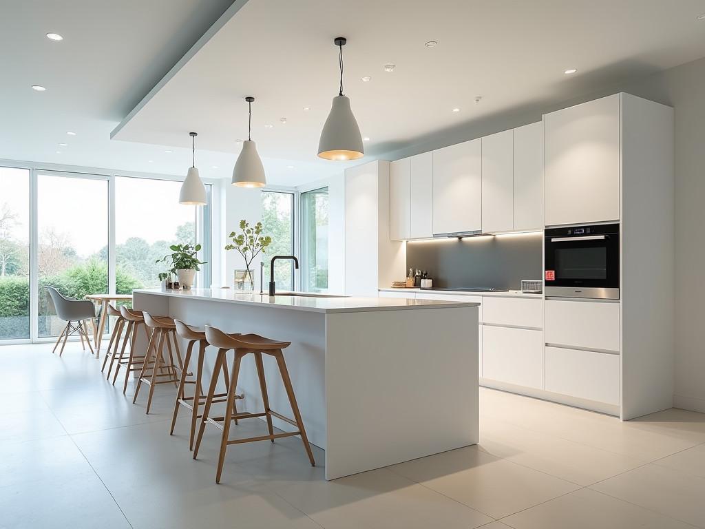 Spacious open concept kitchen with white cabinets and large island