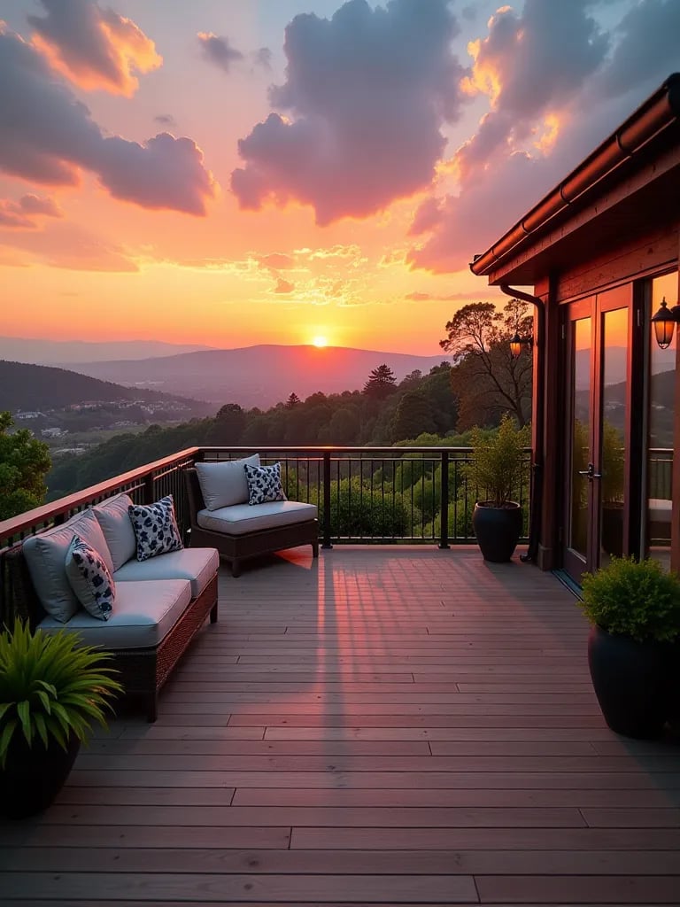 Stunning composite deck with panoramic views, integrated seating, and planters at sunset