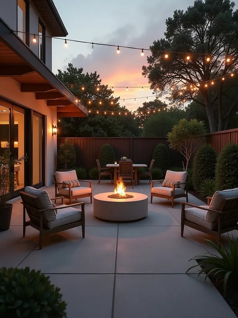 Stylish backyard patio with mixed materials, ambient lighting, and cozy fire pit