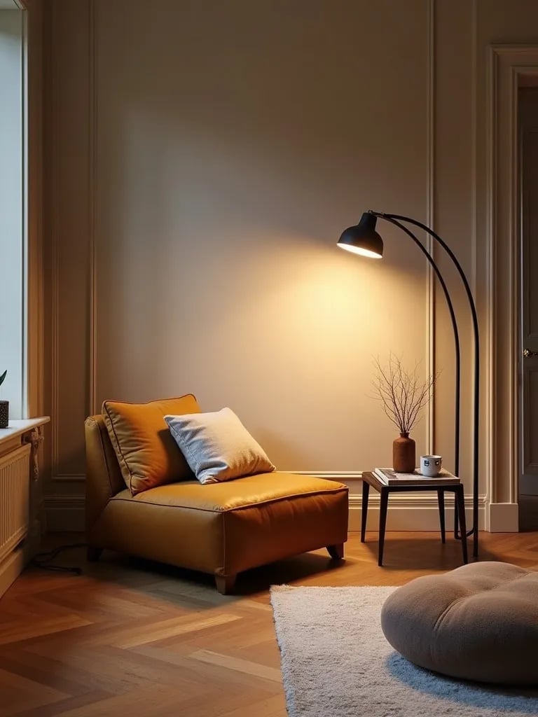 Stylish living area featuring dramatic oversized arc lamp