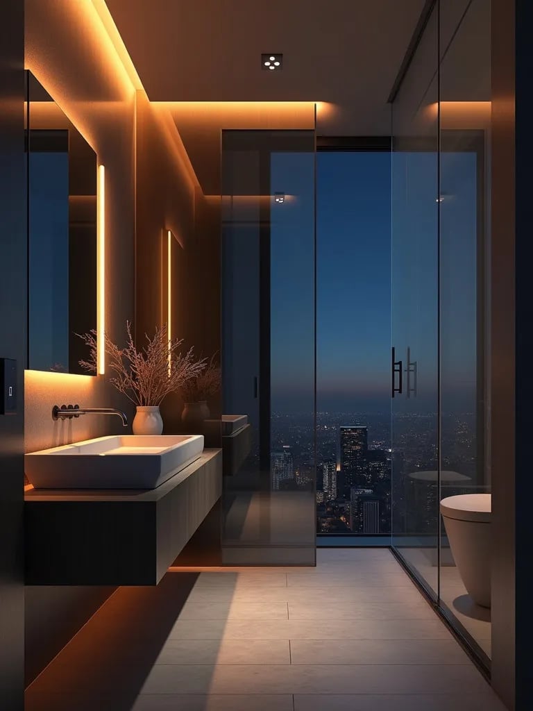 Stylish modern bathroom with glass partition and ambient lighting at night