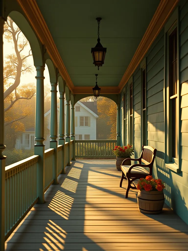 Sunlit Victorian porch painted in soothing sage green