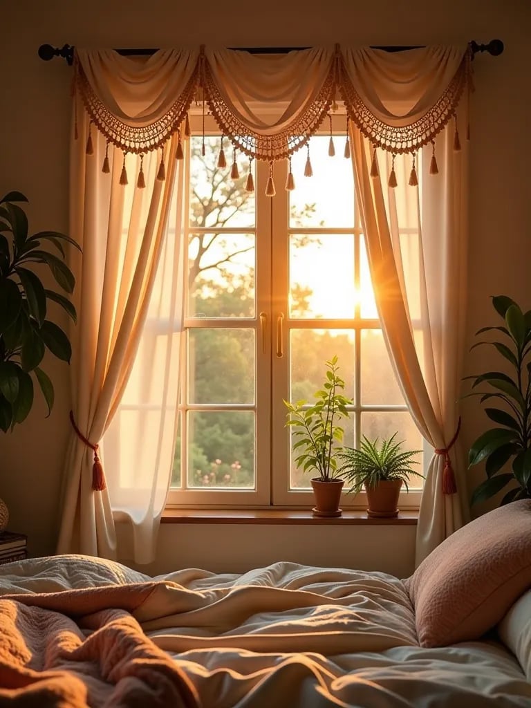 Sunlit boho bedroom featuring creative window treatments and hanging greenery