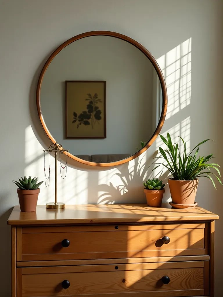 Sunlit boho dresser top styling with vintage touches and plants